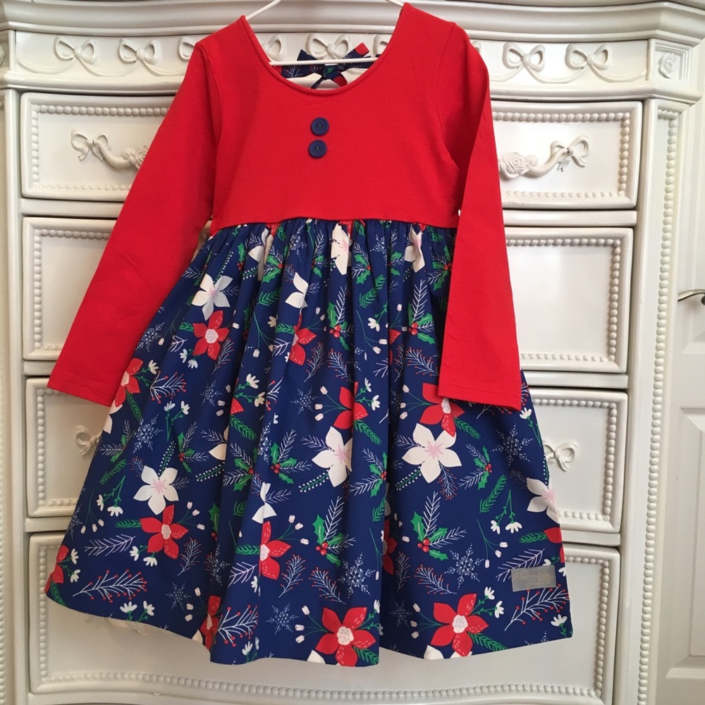 Eleanor Rose Long Sleeve Christmas Dress Poinsettia 4-5 5-6 or 6-7 red blue
